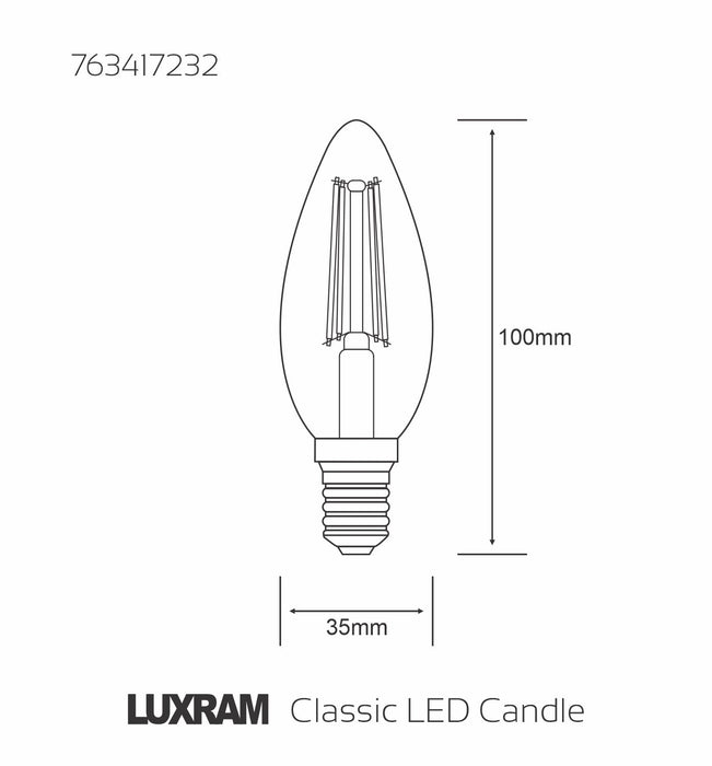 Luxram Value Classic LED Candle E27 Dimmable 4W Natural White 4000K, 470lm, Clear Finish, 3yrs Warranty  • 763417232