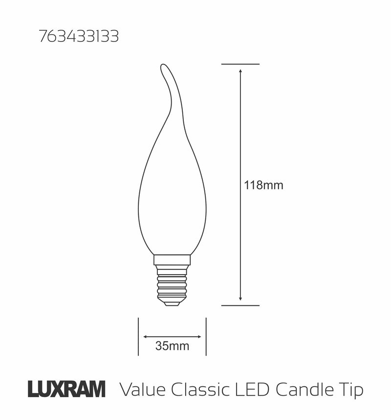 Luxram Value Classic LED Candle Tip E14 4W Warm White 2700K, 470lm, Frosted Finish • 763433133
