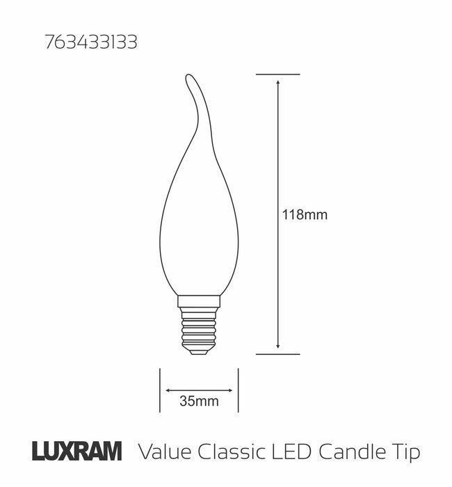 Luxram Value Classic LED Candle Tip E14 4W Warm White 2700K, 470lm, Frosted Finish • 763433133
