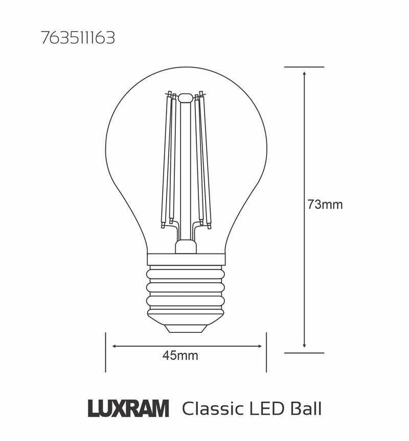 Luxram Value Classic LED Ball E27 6.5W Warm White 2700K, 806lm, Clear Finish, 3yrs Warranty • 763511163