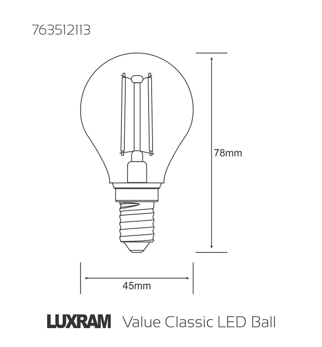Luxram Value Classic LED Ball E14 2W Warm White 2700K, 250lm, Colour-Box (Clear) , 3yrs Warranty  • 763512113