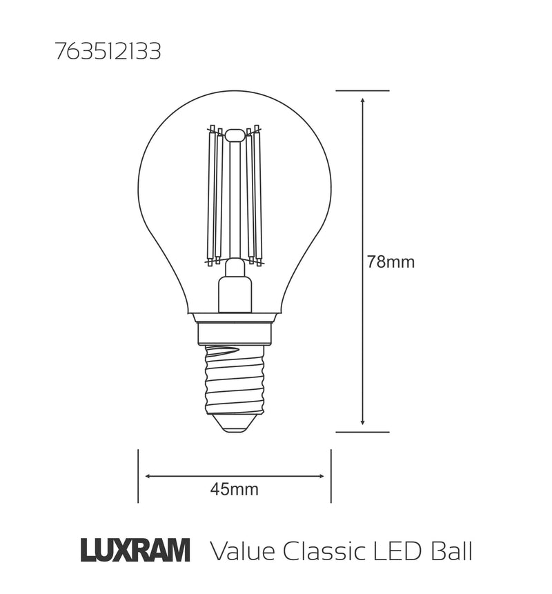 Luxram Value Classic LED Ball E14 4W Warm White 2700K, 470lm, Clear Finish • 763512133