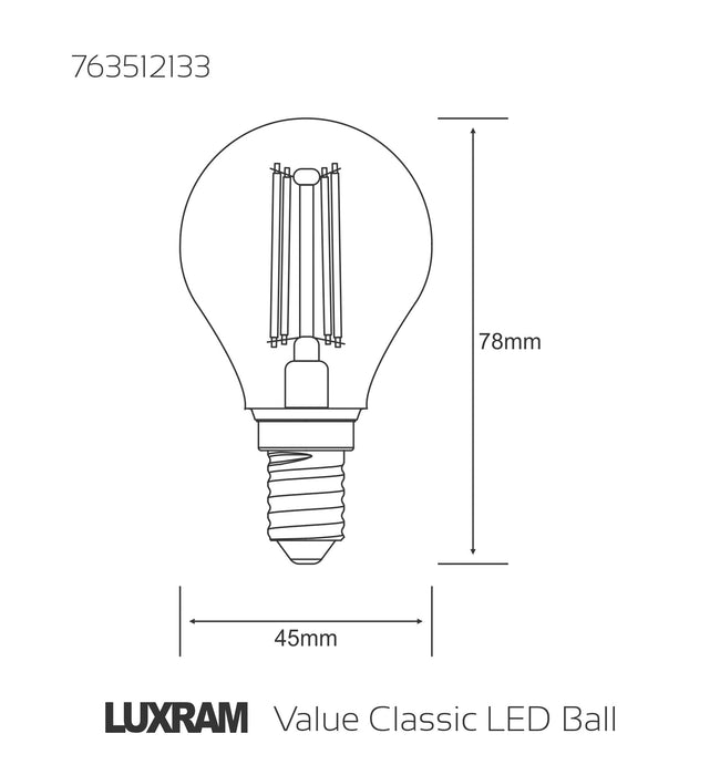 Luxram Value Classic LED Ball E14 4W Warm White 2700K, 470lm, Clear Finish • 763512133