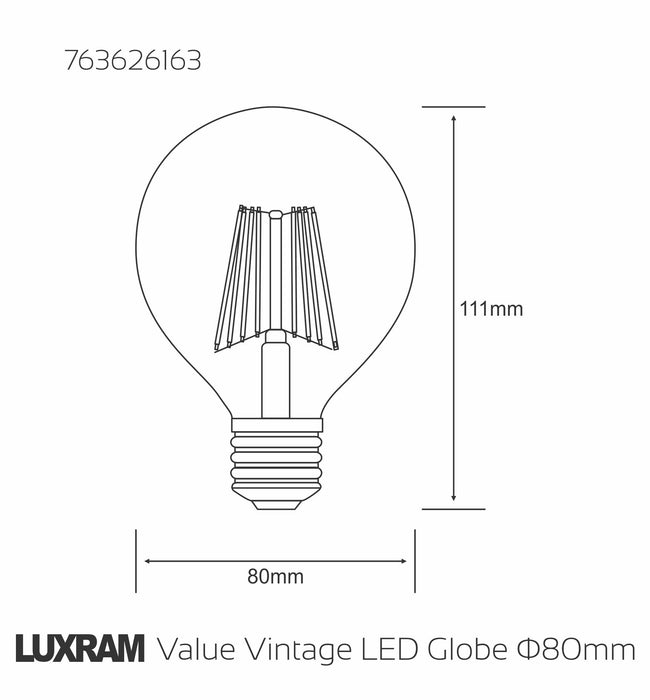 Luxram Value Vintage LED Globe 80mm E27 8W 2200K, 630lm, Gold Glass • 763626163