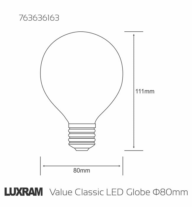 Luxram Value Classic LED Globe 80mm E27 8W 1055lm Warm White 2700K Colour-Box (Frosted)  • 763636163