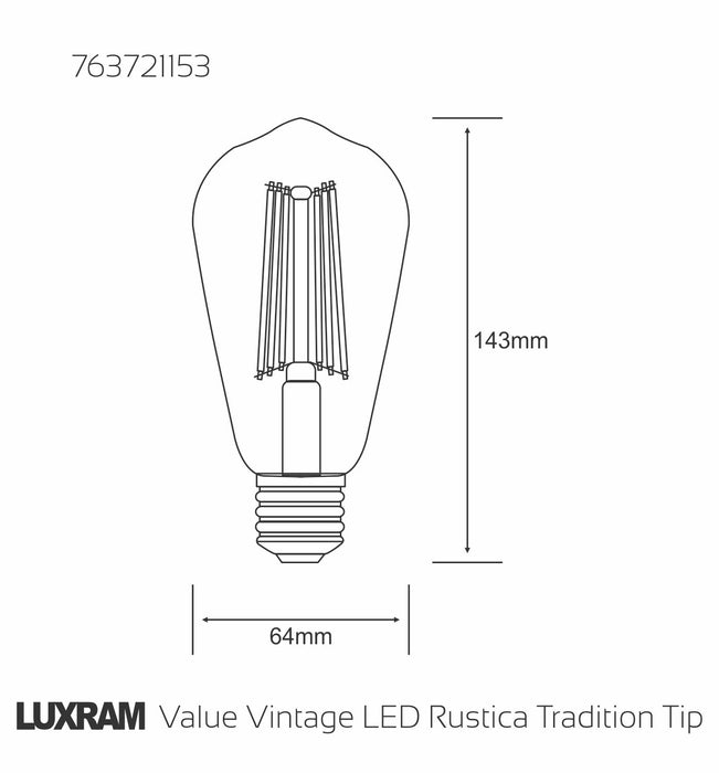 Luxram Value Vintage LED Rustica Tradition Tip/M ST64 E27 6.5W 2200K, 630lm, Amber Finish • 763721153