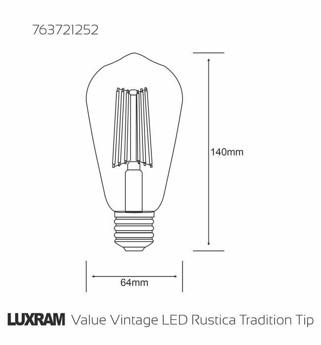 Luxram Value Vintage LED Rustica Tradition Tip ST64 E27 6.5W Dimmable 4000K Natural White Smoke, 3yrs Warranty • 763721252