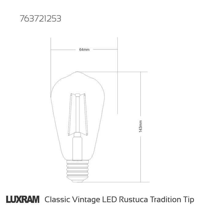 Luxram Value Vintage LED Rustica Tradition Tip/M ST64 E27 Dimmable 6.5W 2200K, 630lm, Amber Finish • 763721253