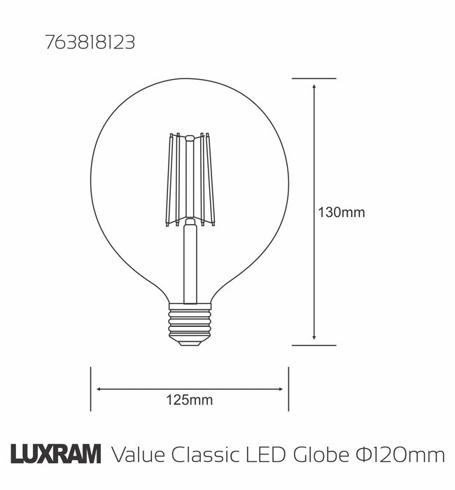 Luxram Value Classic LED Globe 125mm E27 4W Warm White 2700K, 470lm, Clear Finish  • 763818123