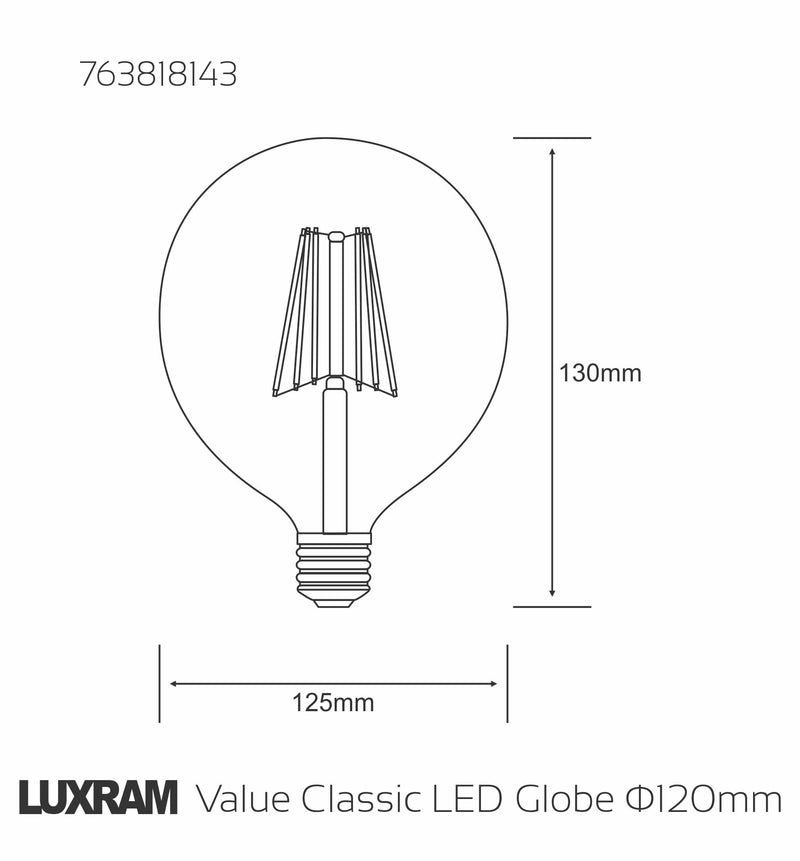 Luxram Value Classic LED Globe 125mm E27 8W Warm White 2700K, 806lm, Clear Finish • 763818143