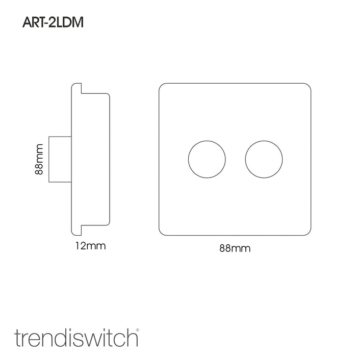 Trendi, Artistic Modern 2 Gang 2 Way LED Dimmer Switch 5-150W LED / 120W Tungsten Per Dimmer, Brushed Steel Finish (35mm Back Box Required) 5yrs Wrnty • ART-2LDMBS