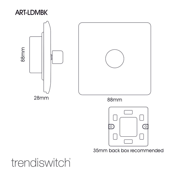 Trendi, Artistic Modern 1 Gang 1 Way LED Dimmer Switch 5-150W LED / 120W Tungsten, Matt Black/Chrome Finish, (35mm Back Box Required), 5yrs Warranty • ART-LDMMBK