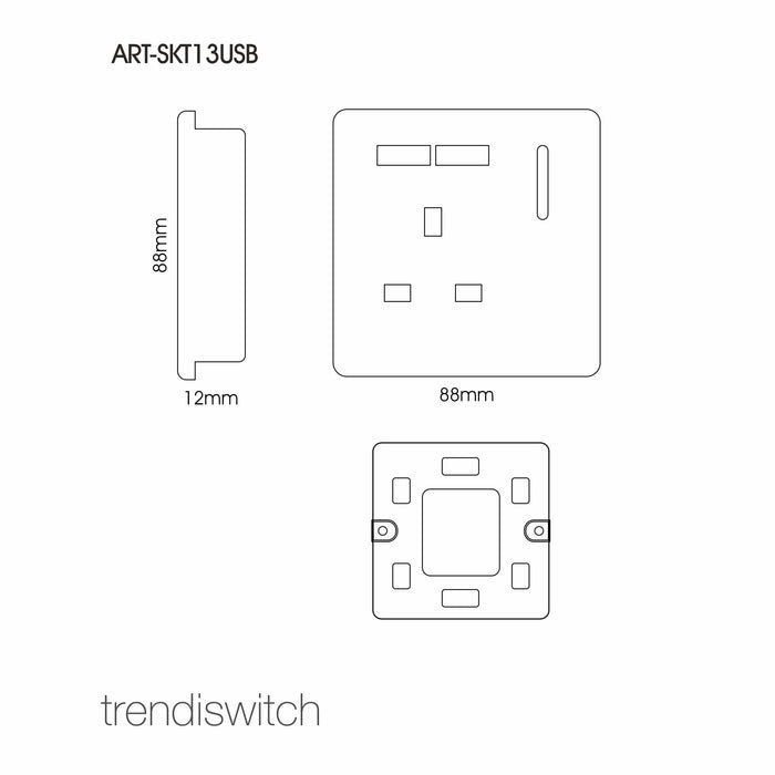 Trendi, Artistic Modern 1 Gang 13Amp Switched Socket WIth 2 x USB Ports Sky Finish, BRITISH MADE, (35mm Back Box Required), 5yrs Warranty • ART-SKT13USBSK