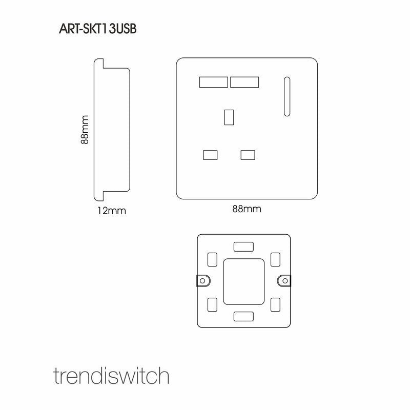 Trendi, Artistic Modern 1 Gang 13Amp Switched Socket WIth 2 x USB Ports Moss Green Finish, BRITISH MADE, (35mm Back Box Required), 5yrs Warranty • ART-SKT13USBMG