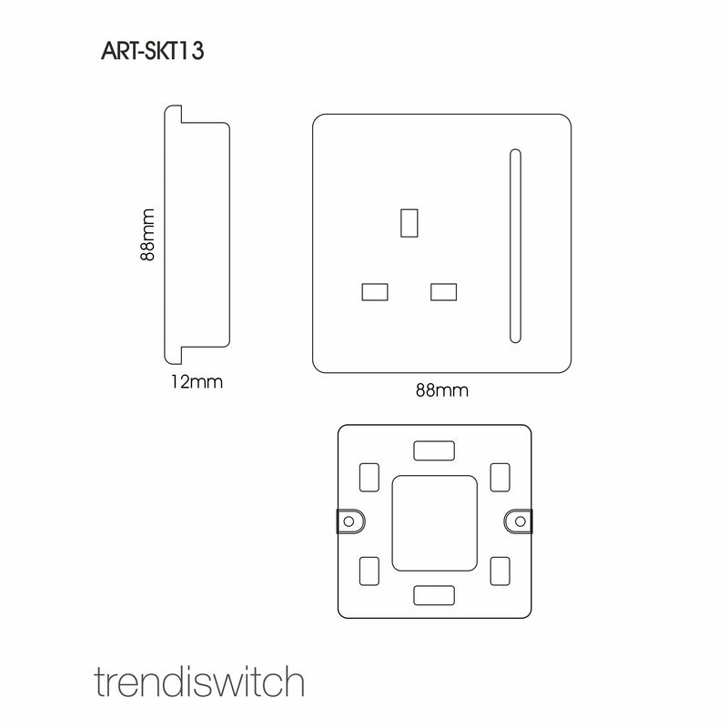 Trendi, Artistic Modern 1 Gang 13Amp Switched Socket Matt Black Finish, BRITISH MADE, (25mm Back Box Required), 5yrs Warranty • ART-SKT13MBK