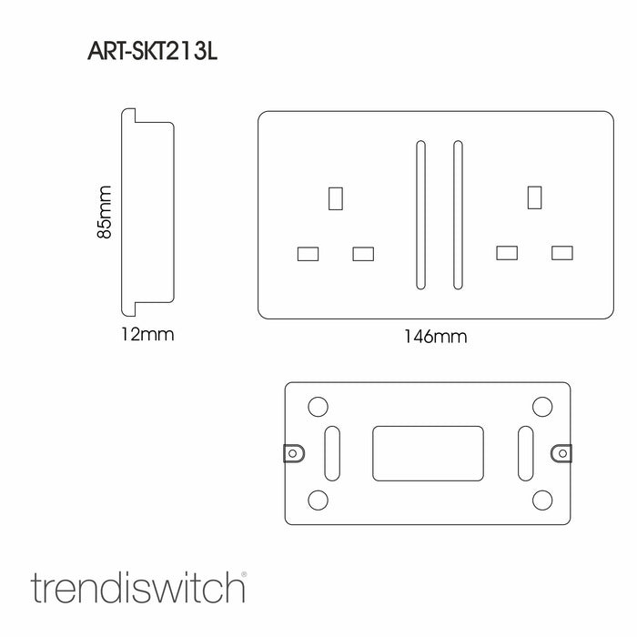 Trendi, Artistic Modern 2 Gang 13Amp Long Switched Double Socket Silver Finish, BRITISH MADE, (25mm Back Box Required), 5yrs Warranty • ART-SKT213LSI