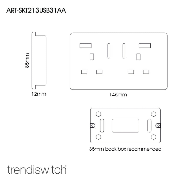 Trendi, Artistic Modern 2 Gang USB 2x3.1mAH Plug Socket Piano Black Finish, BRITISH MADE, (35mm Back Box Required), 5yrs Warranty • ART-SKT213USB31AABK