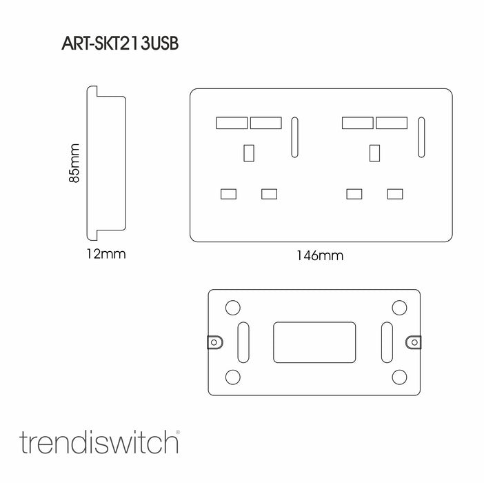 Trendi, Artistic Modern 2 Gang 13Amp Switched Double Socket With 4X 2.1Mah USB Silver Finish, BRITISH MADE, (45mm Back Box Required), 5yrs Warranty • ART-SKT213USBSI