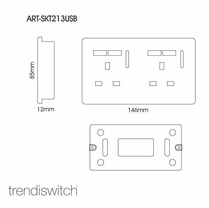 Trendi, Artistic Modern 2 Gang 13Amp Switched Double Socket With 4X 2.1Mah USB Gloss White Finish, BRITISH MADE, (45mm Back Box Required) 5yrs Wrnty • ART-SKT213USBWH