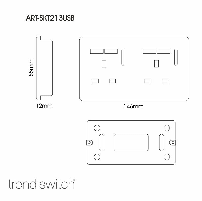 Trendi, Artistic 2 Gang 13Amp Switched Double Socket With 4X 2.1Mah USB Dark Brown Finish, BRITISH MADE, (45mm Back Box Required), 5yrs Warranty • ART-SKT213USBDB