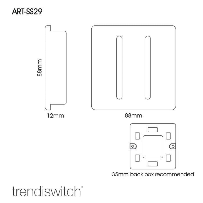 Trendi, Artistic Modern 2 Gang (1x2 Way, 1xIntermediate) 10 Amp Rocker Brushed Steel Finish, BRITISH MADE, (25mm Back Box Required), 5yrs Warranty • ART-SS29BS