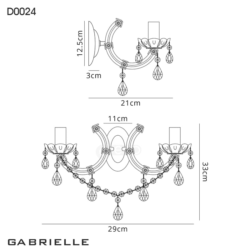 Deco Gabrielle Wall Lamp 2 Light E14 With Glass Sconce & Glass Droplets/Polished Chrome • D0024
