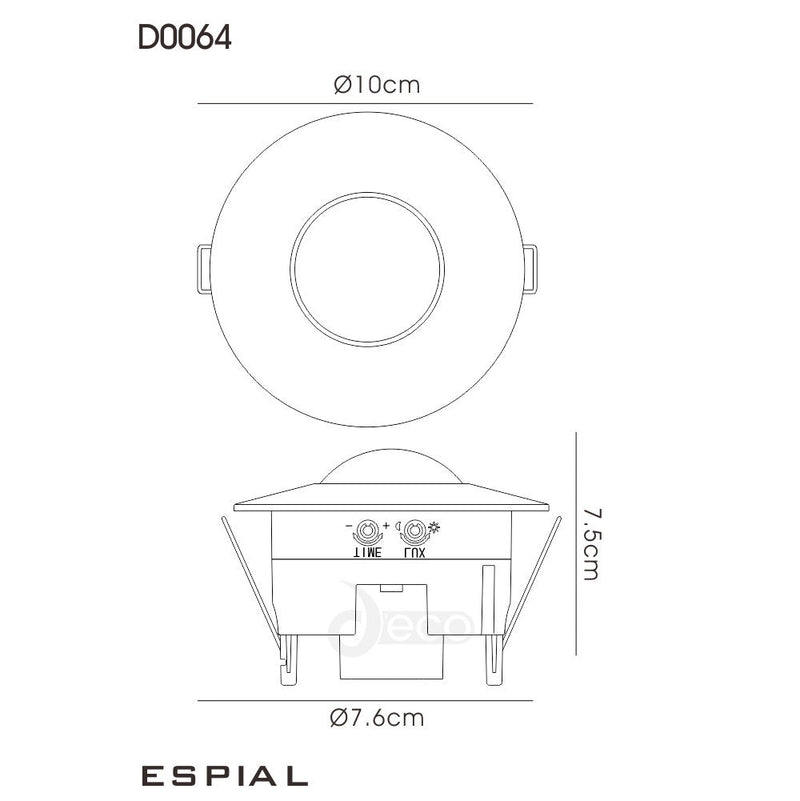 Deco Espial Flush Mounted IP20 6m PIR Detector 360 Deg With Adjustable Time And Lux Level White Finish • D0064