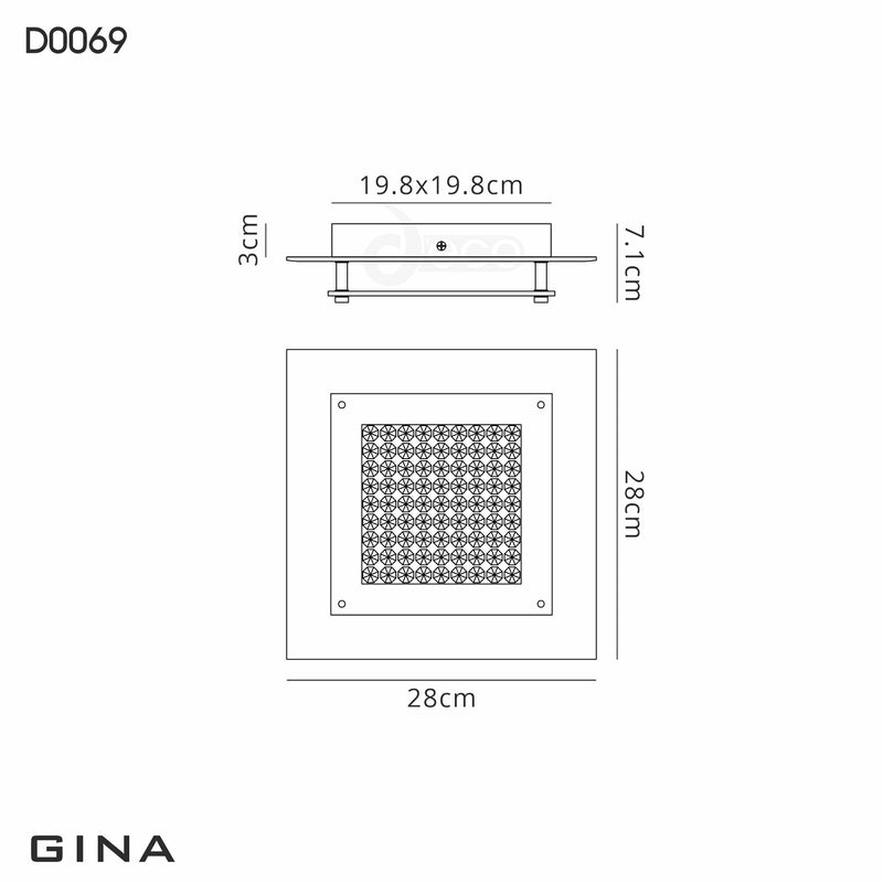 Deco Gina Ceiling, 280mm Square, 12W 960lm LED 4000K Polished Chrome/Crystal • D0069