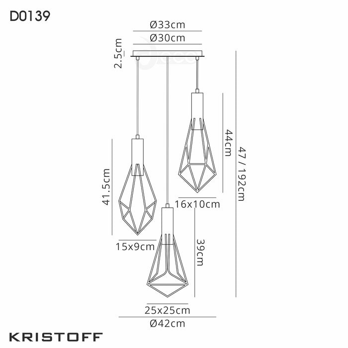 Deco Kristoff Pendant 3 Light E27 Black • D0139