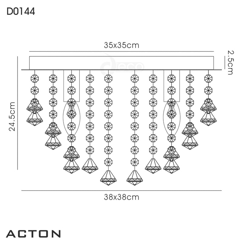 Deco Acton Flush Ceiling 4 Light E14, 380mm Square, Polished Chrome/Prism Crystal • D0144