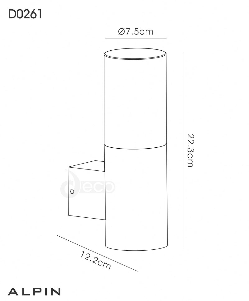 Deco Alpin Upward Lighting Cylinder Wall Lamp, 10W LED IP44, Ext/Interior, 4000K, Stainless Steel /Frosted Polycarbonate Diffuser • D0261