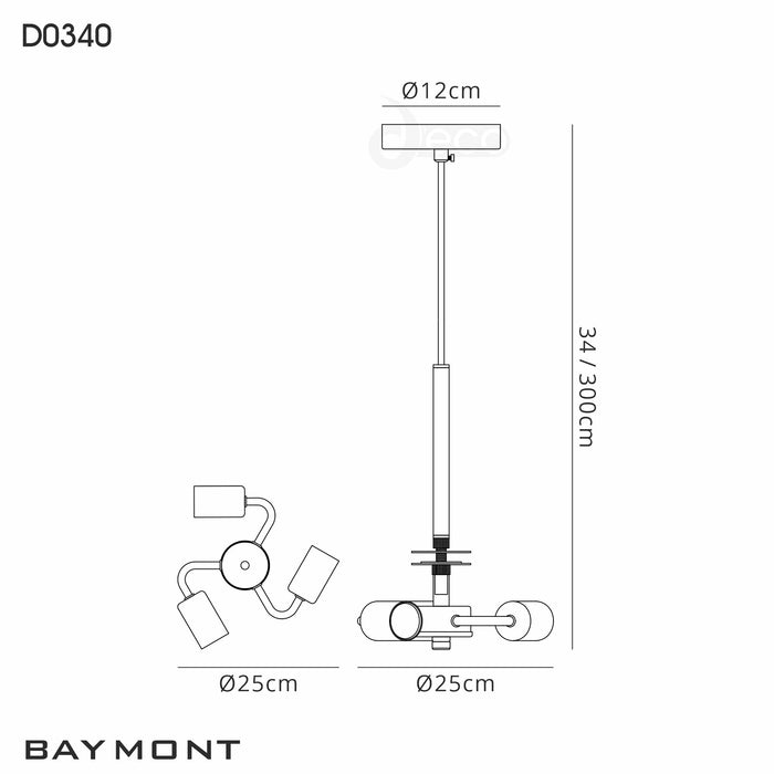 Deco Baymont Antique Brass 3m 3 Light E27 Universal Single Pendant, Suitable For A Vast Selection Of Shades • D0340