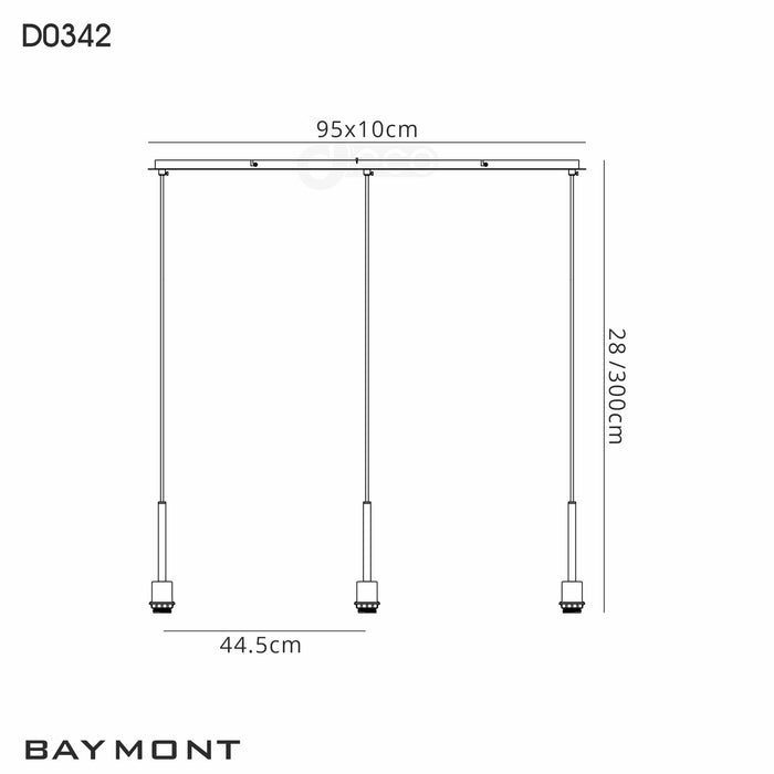 Deco Baymont Polished Chrome 3 Light E27 Universal 3m Linear Pendant, Suitable For A Vast Selection Of Shades • D0342