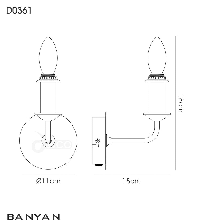 Deco Banyan 1 Light Switched Wall Lamp Without Shade, E14 Antique Brass • D0361