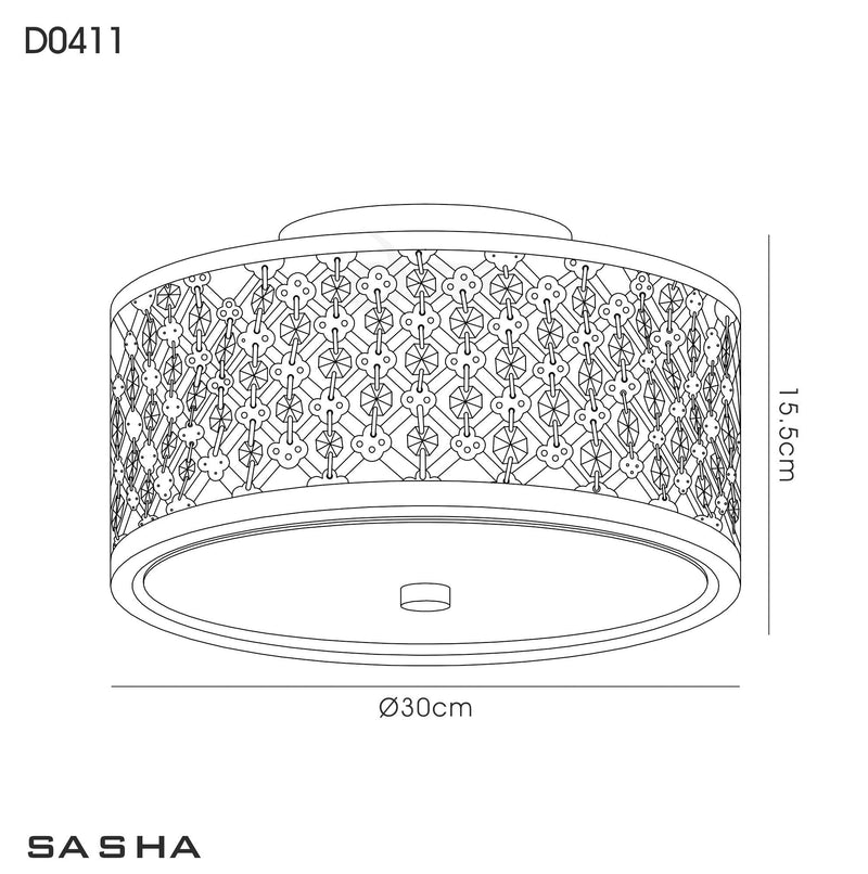 Deco Sasha 2 Light E14, Flush Ceiling Light, 300mm Round, Polished Chrome With Crystal Glass And Opal Glass Diffuser • D0411