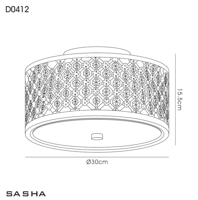 Deco Sasha 2 Light E14, Flush Ceiling Light, 300mm Round, Antique Brass With Crystal Glass And Opal Glass Diffuser • D0412