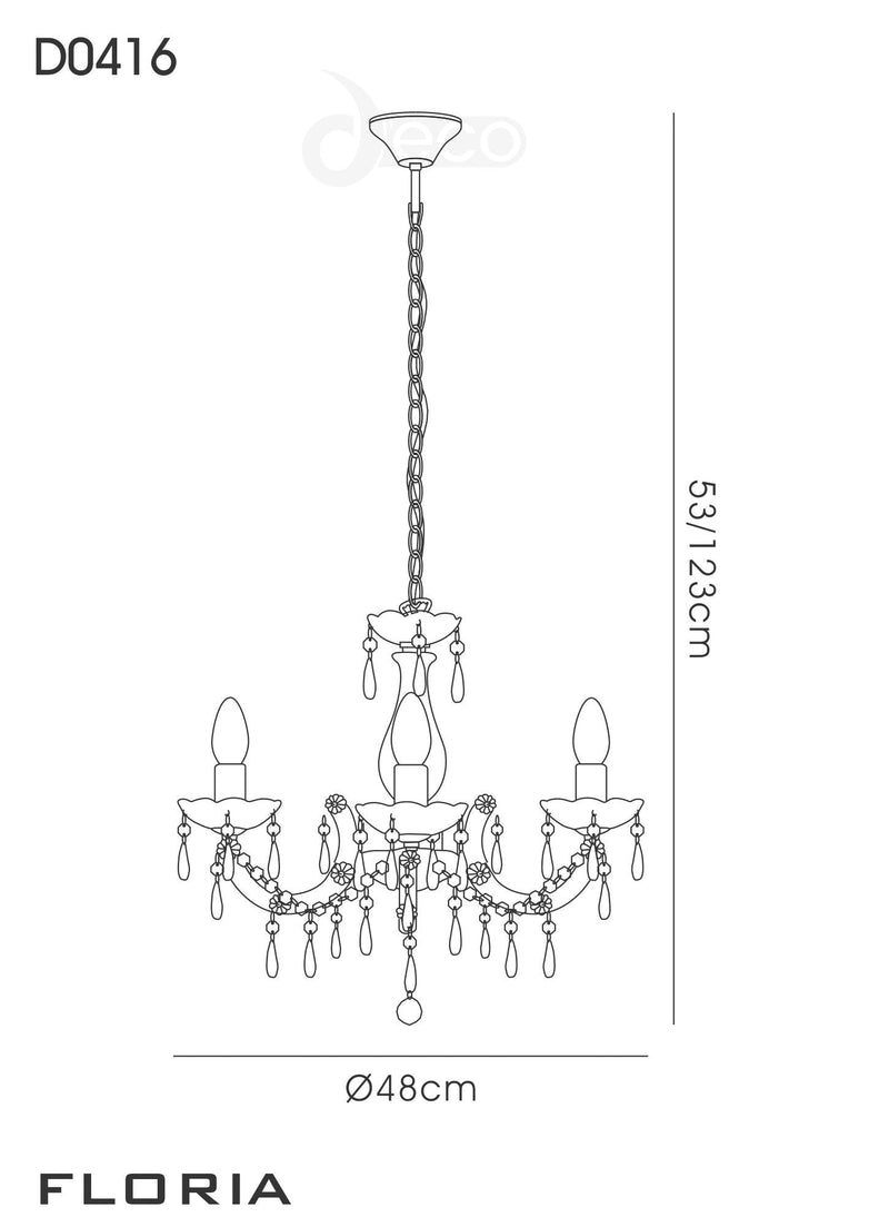Deco Floria Chandelier With Acrylic Sconce & Acrylic Droplets 3 Light E14 Polished Chrome Finish • D0416