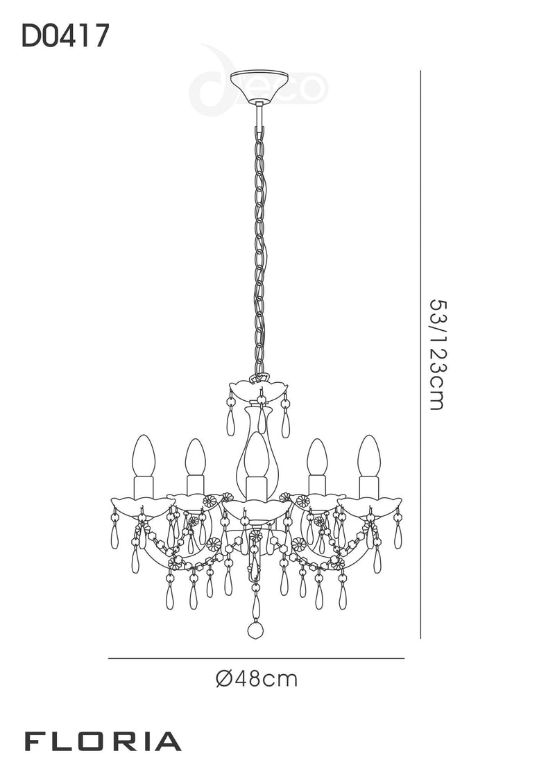 Deco Floria Chandelier With Acrylic Sconce & Acrylic Droplets 5 Light E14 Polished Chrome Finish • D0417