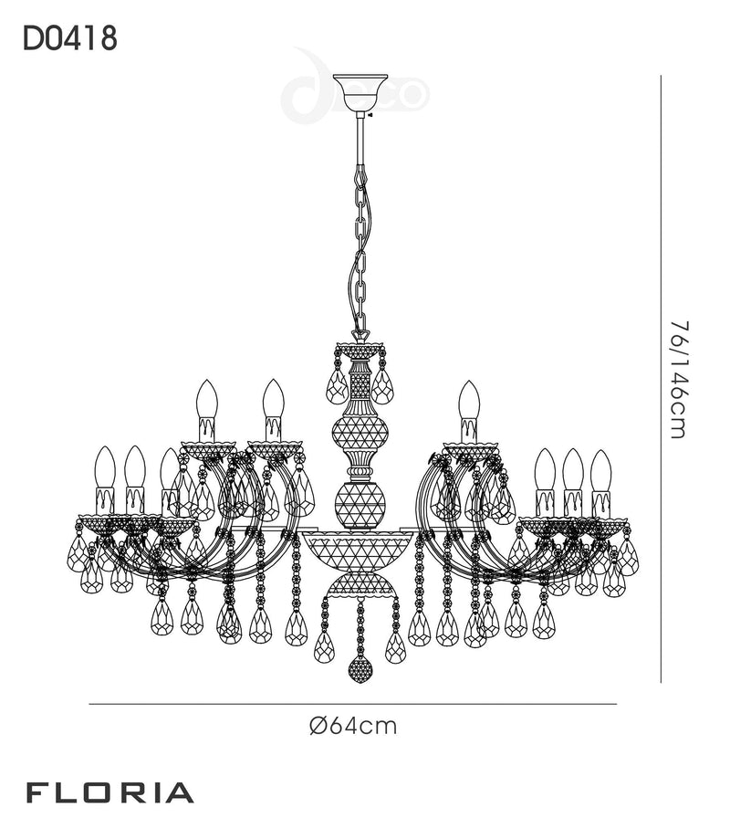 Deco Floria Chandelier With Acrylic Sconce & Acrylic Droplets 6+3 Light E14 Polished Chrome Finish • D0418