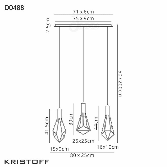 Deco Kristoff Linear Pendant 3 Light E27 Black • D0488