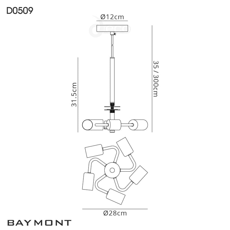Deco Baymont Polished Chrome 3m 5 Light E27 Universal Single Pendant, Suitable For A Vast Selection Of Shades • D0509