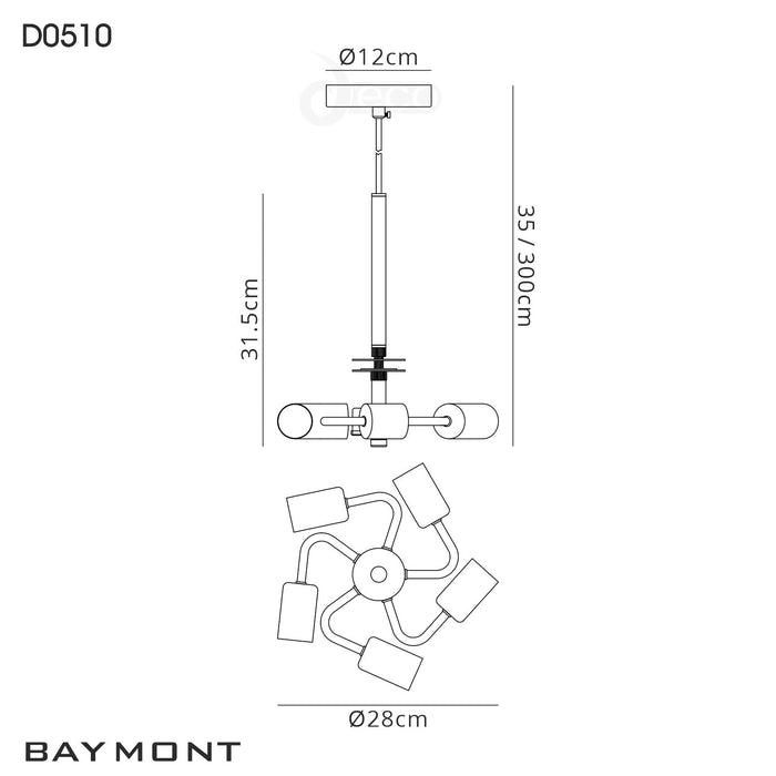 Deco Baymont Antique Brass 3m 5 Light E27 Universal Single Pendant, Suitable For A Vast Selection Of Shades • D0510