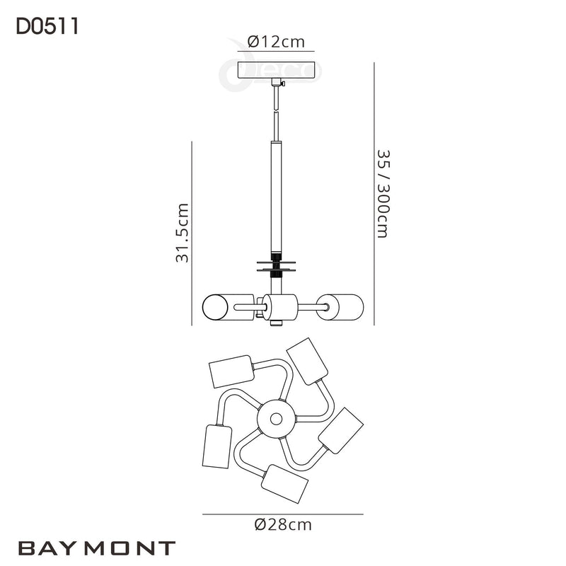 Deco Baymont Satin Nickel 3m 5 Light E27 Universal Single Pendant, Suitable For A Vast Selection Of Shades • D0511