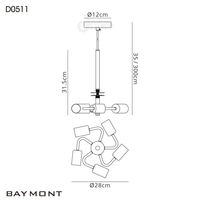 Deco Baymont Satin Nickel 3m 5 Light E27 Universal Single Pendant, Suitable For A Vast Selection Of Shades • D0511