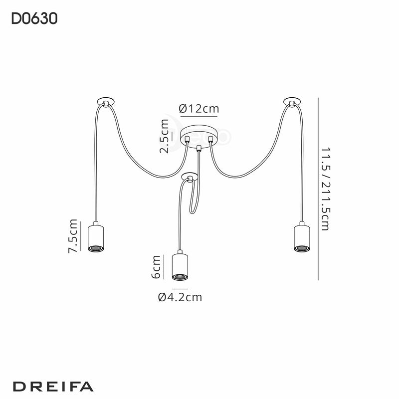 Deco Dreifa 2m Pendant, 3 Light Black/Black Cable, E27 Max 60W, c/w Distribution Box & Cable Support Brackets • D0630