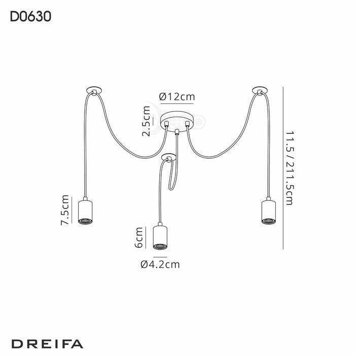 Deco Dreifa 2m Pendant, 3 Light Black/Black Cable, E27 Max 60W, c/w Distribution Box & Cable Support Brackets • D0630