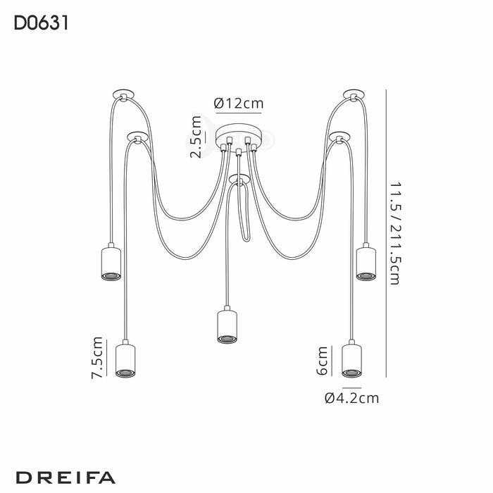 Deco Dreifa 2m Pendant, 5 Light Black/Black Cable, E27 Max 60W, c/w Distribution Box & Cable Support Brackets • D0631