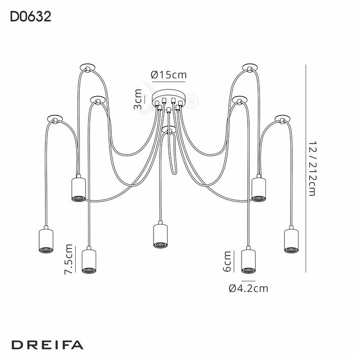 Deco Dreifa 2m Pendant, 7 Light Black/Black Cable, E27 Max 60W, c/w Distribution Box & Cable Support Brackets • D0632