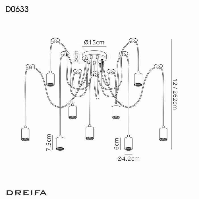 Deco Dreifa 2.5m Pendant, 9 Light Black/Black Cable, E27 Max 60W, c/w Distribution Box & Cable Support Brackets • D0633