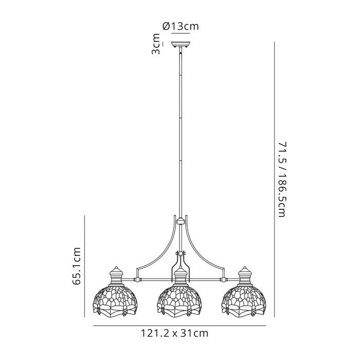 Regal Lighting SL-1011 3 Light Tiffany Pendant Antique Brass Blue And Orange With Clear Crystal Shades